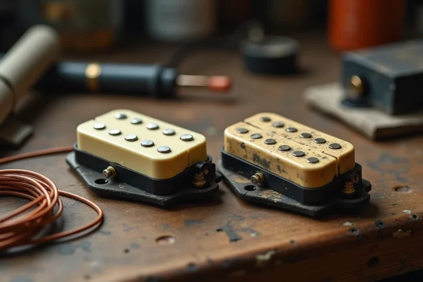 Comparaison visuelle entre un micro Samarium Cobalt Noiseless et un micro simple bobinage classique sur un établi de luthier