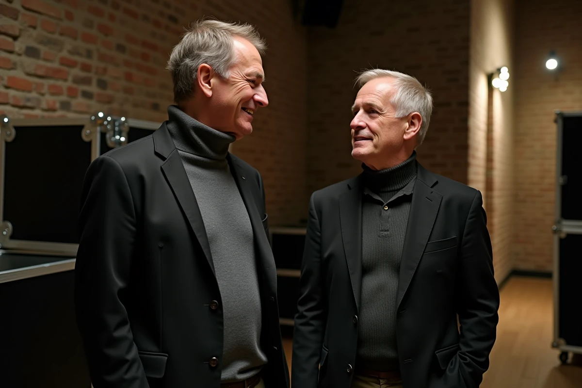Deux hommes de tailles différentes discutant en coulisses d'un lieu culturel, soulignant visuellement le contraste de stature entre célébrités