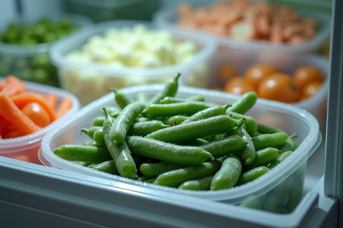 Contenant rempli de haricots verts glacés dans un congélateur organisé