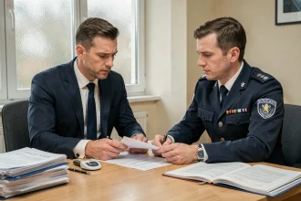 Un homme en costume face à un officier de police dans un bureau administratif examinant des documents officiels liés à une contravention de 5e classe