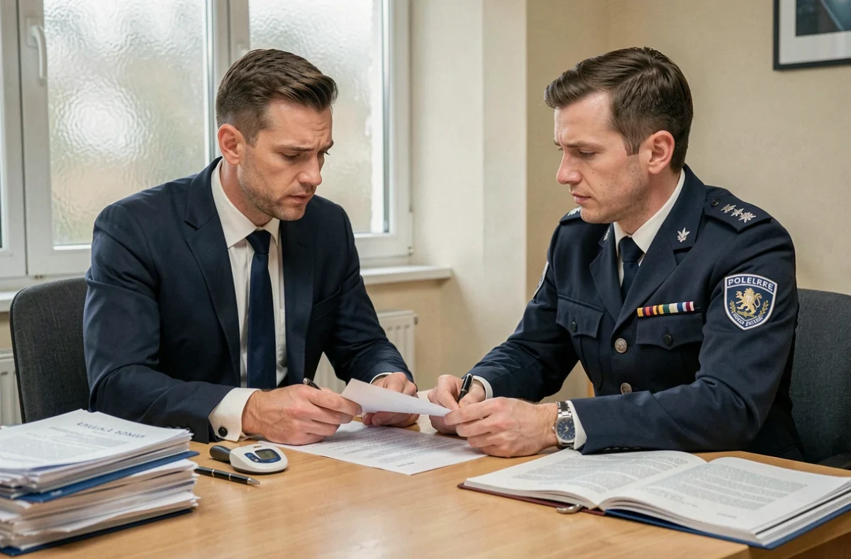 Un homme en costume face à un officier de police dans un bureau administratif examinant des documents officiels liés à une contravention de 5e classe