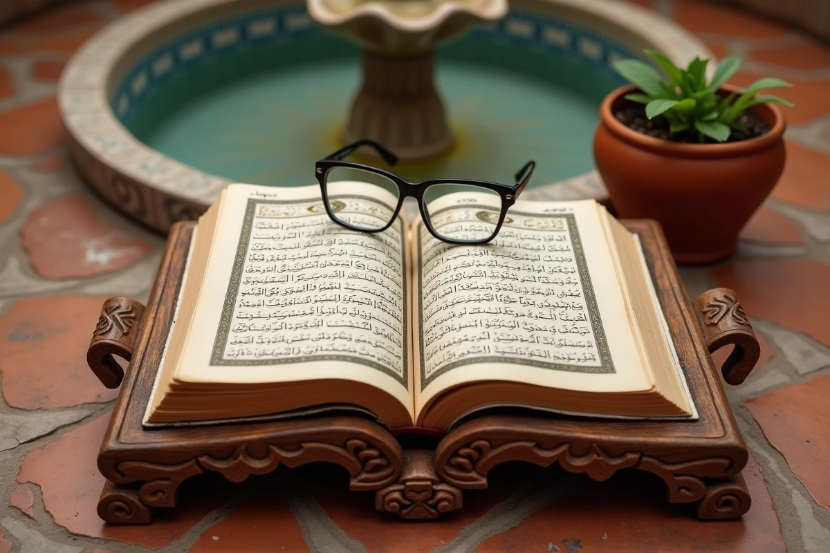 Coran ouvert sur la sourat Al Kahf avec traduction en français posé sur un rehal en bois sculpté dans une cour intérieure marocaine