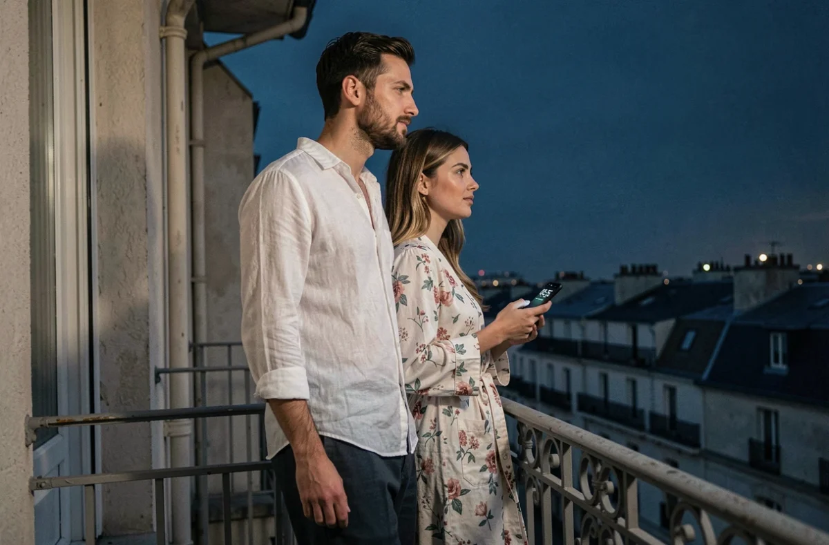Couple sur un balcon parisien au petit matin regardant l'heure 05h55 sur un téléphone, évoquant un moment d'engagement et de complicité amoureuse