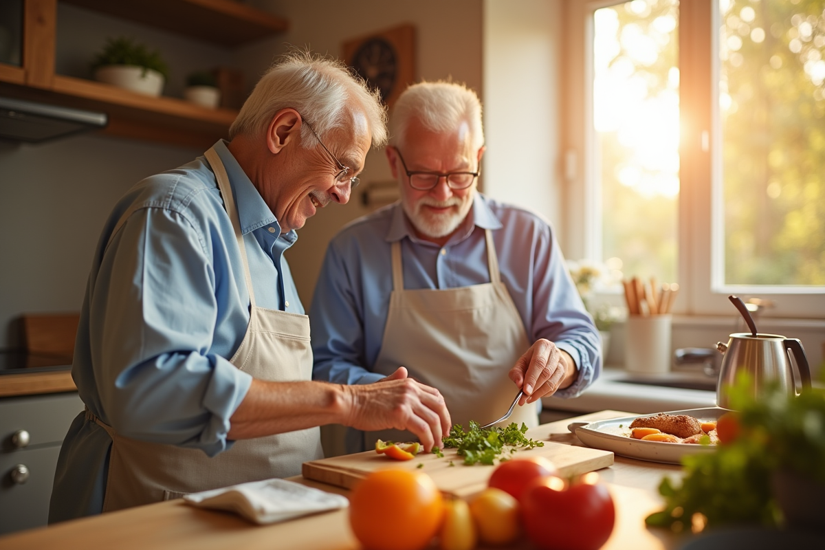 Couple agee cuisinant ensemble dans une cuisine chaleureuse