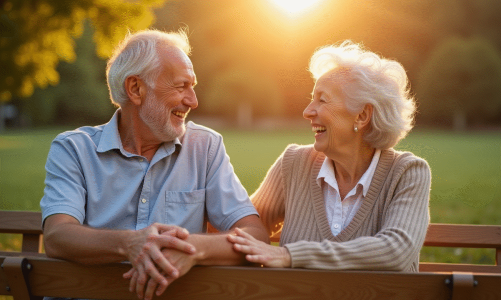 Couple agee riant sur un banc dans un parc ensoleille