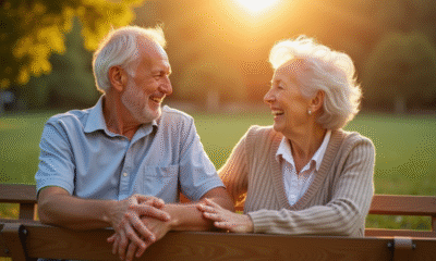 Couple agee riant sur un banc dans un parc ensoleille