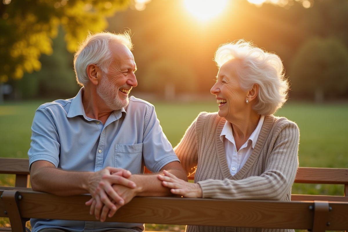 Couple agee riant sur un banc dans un parc ensoleille