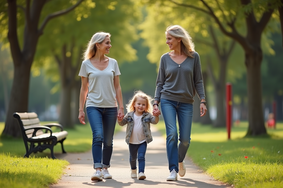 Couple lesbien marchant avec enfants dans un parc arboré