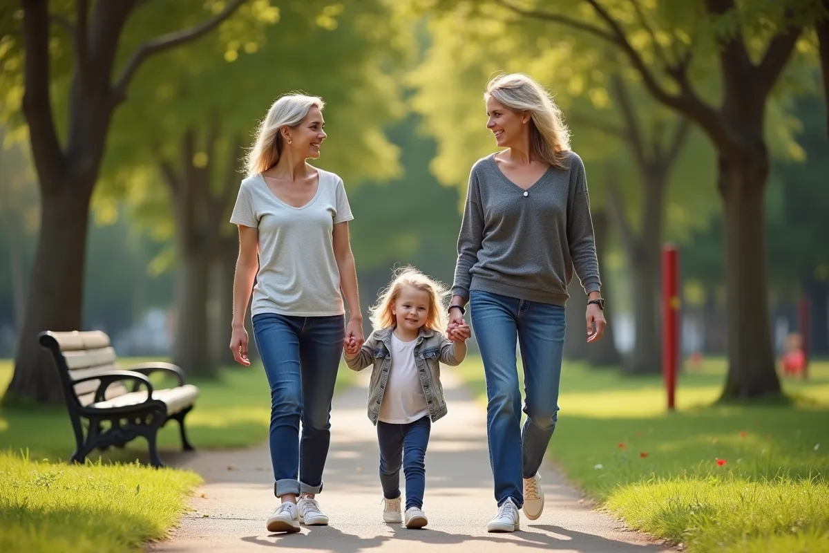 Couple lesbien marchant avec enfants dans un parc arboré