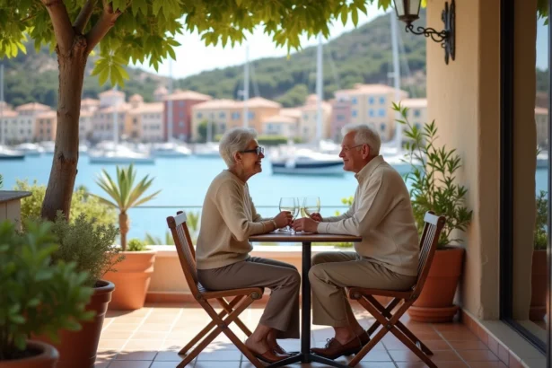 Couple retraité souriant sur une terrasse méditerranéenne