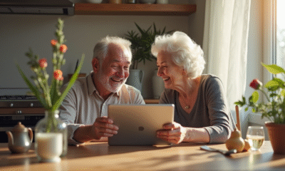 Couple senior riant lors d'un appel vidéo pour leur anniversaire