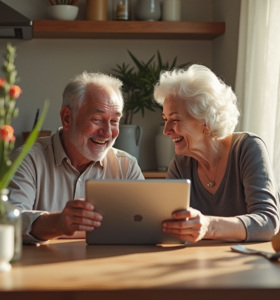 Couple senior riant lors d'un appel vidéo pour leur anniversaire