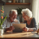 Couple senior riant lors d'un appel vidéo pour leur anniversaire