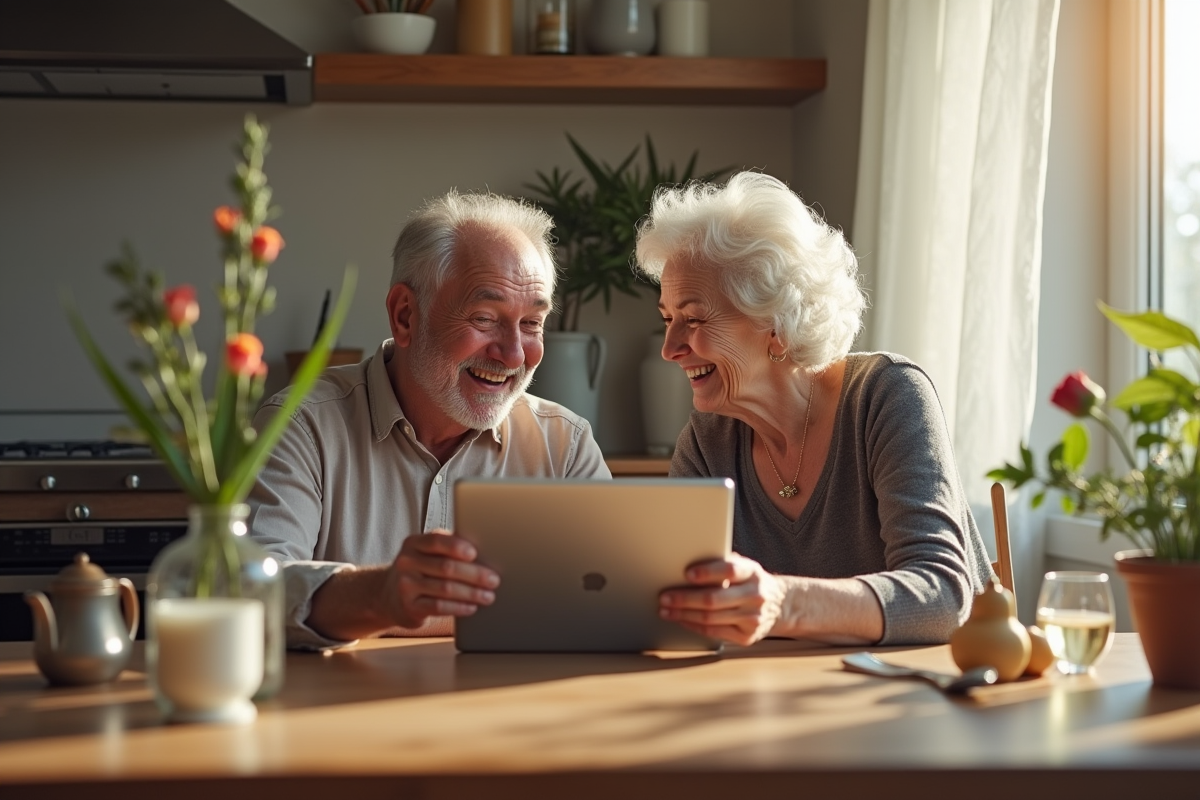Couple senior riant lors d'un appel vidéo pour leur anniversaire