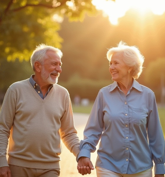 Couple âgé souriant marchant dans un parc ensoleille