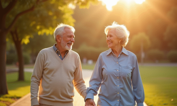 Couple âgé souriant marchant dans un parc ensoleille