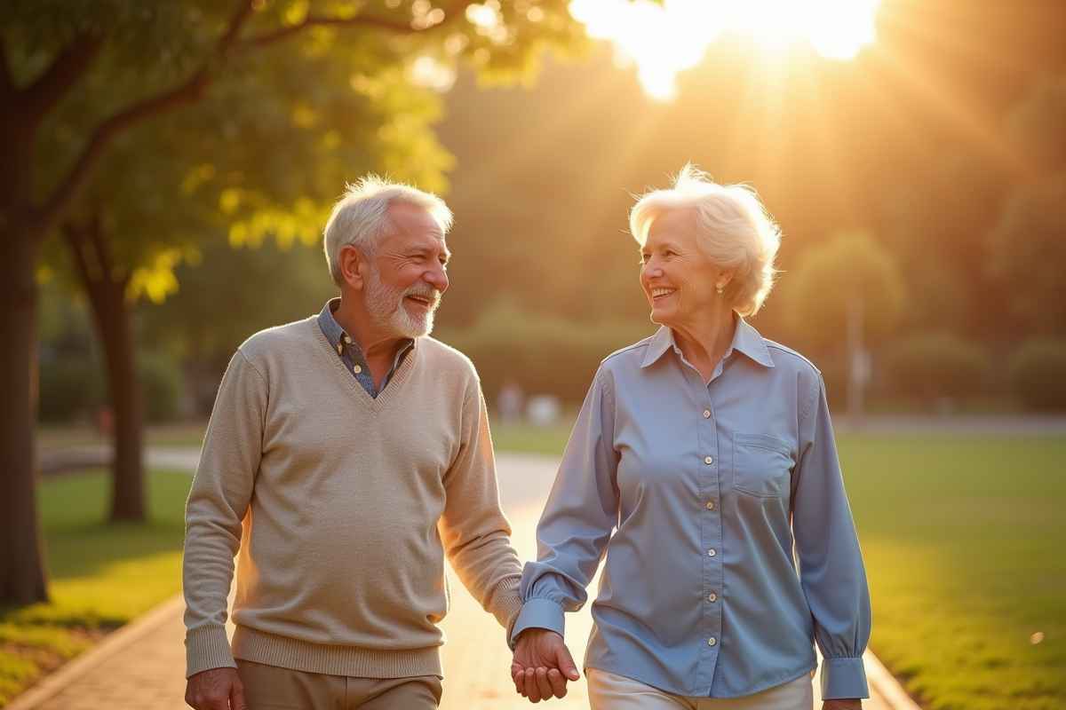 Couple âgé souriant marchant dans un parc ensoleille
