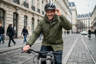 Cycliste lyonnais qui ajuste son casque avant de partir au travail lors d'une grève TCL à Lyon