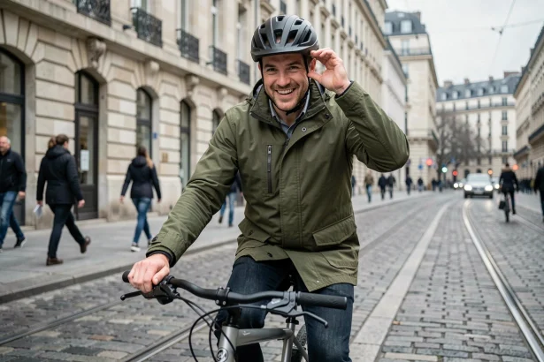 Cycliste lyonnais qui ajuste son casque avant de partir au travail lors d'une grève TCL à Lyon
