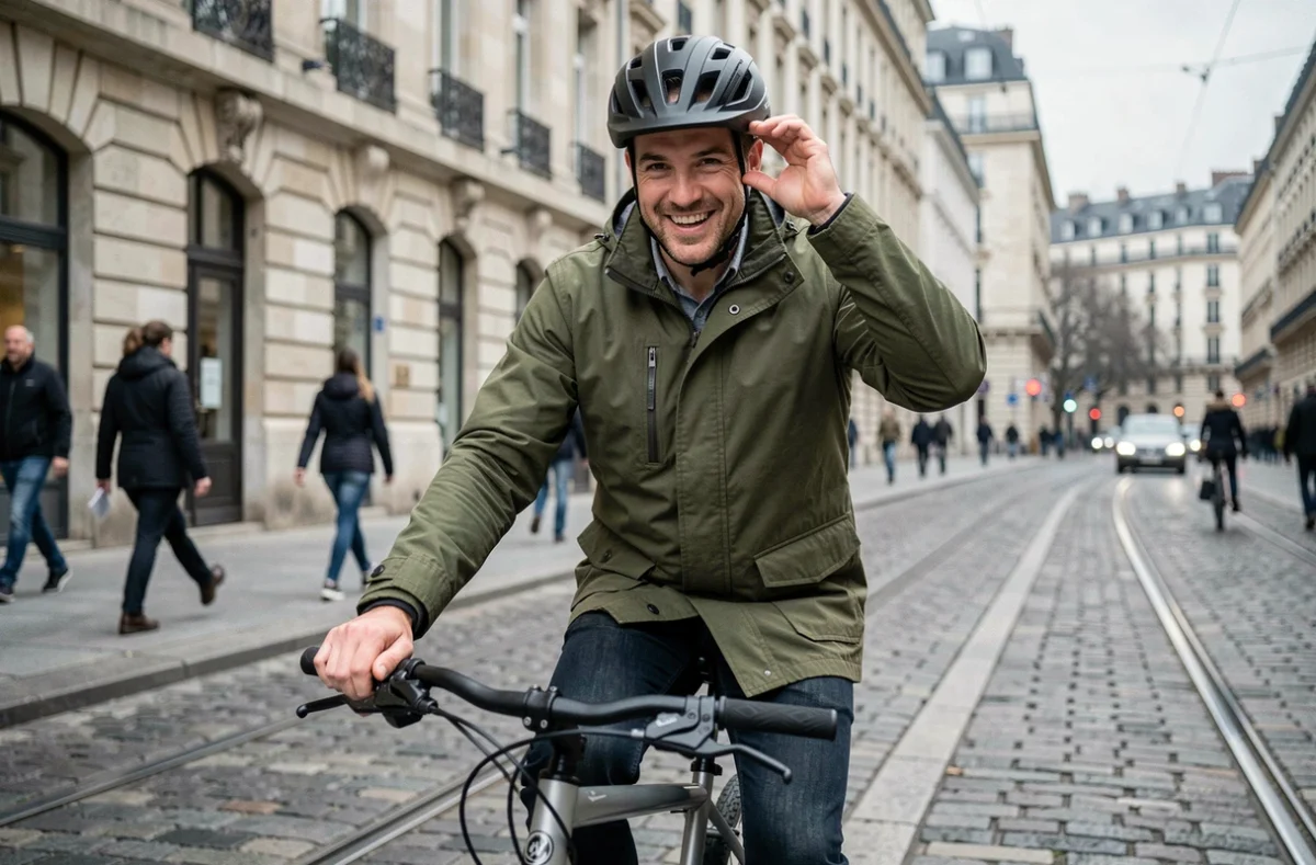 Cycliste lyonnais qui ajuste son casque avant de partir au travail lors d'une grève TCL à Lyon