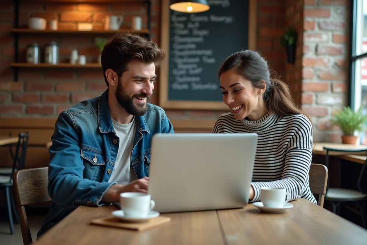 Deux adultes découvrant ensemble des archives de Jeuxvideo.com sur un ordinateur portable dans un café urbain