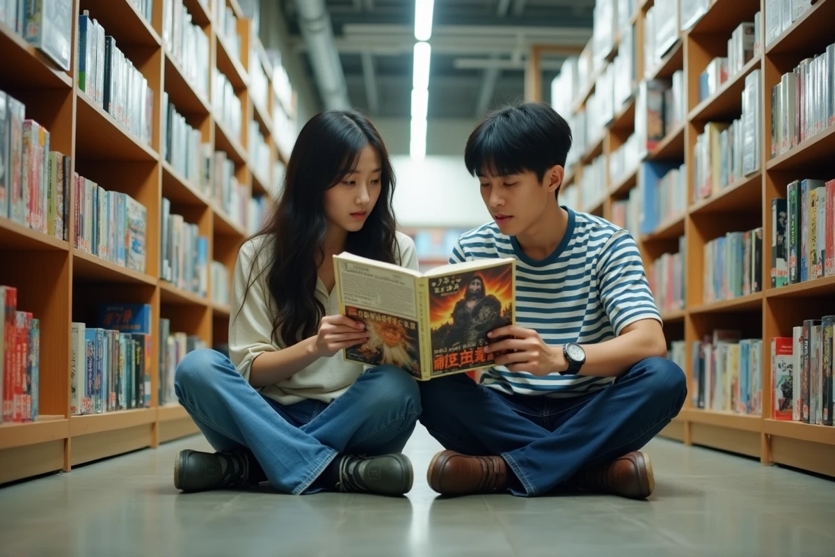 Deux jeunes adultes découvrant ensemble un manga fantasy dans une librairie japonaise en parcourant le premier chapitre