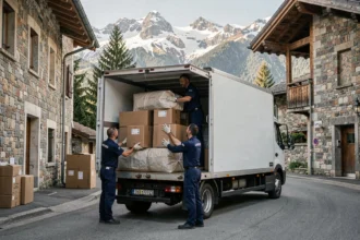 Équipe de déménageurs professionnels chargeant un camion dans une ville alpine des Hautes-Alpes avec des sommets enneigés en arrière-plan