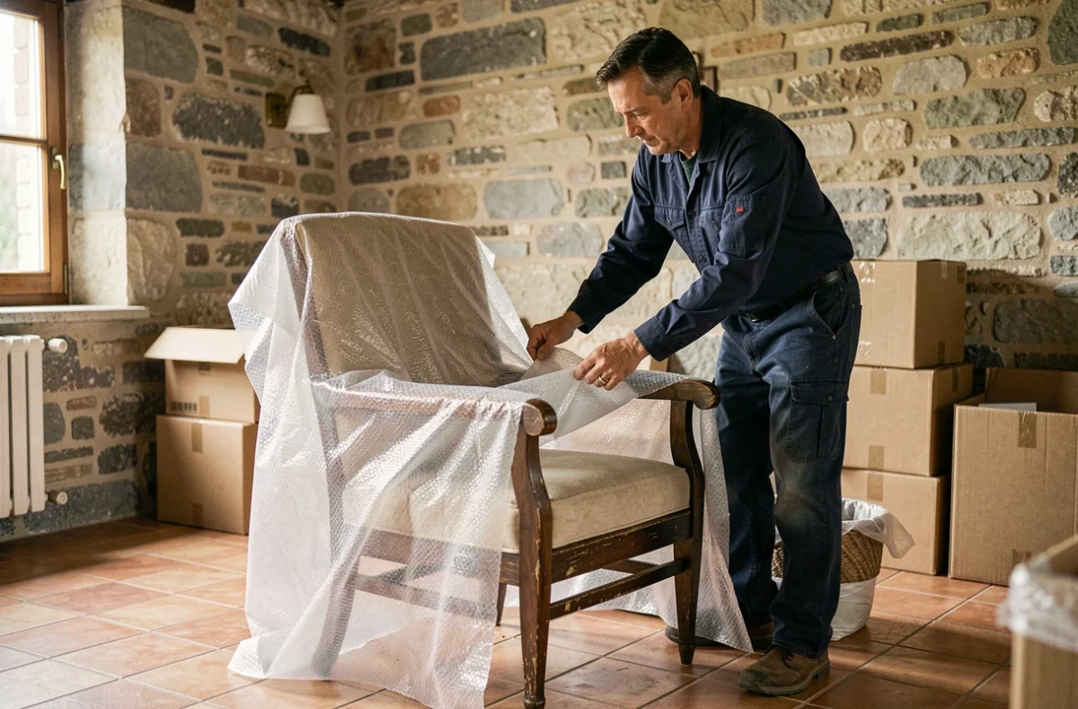 Déménageur de Chastel enveloppant un fauteuil dans des couvertures de protection dans une maison à Laragne-Montéglin
