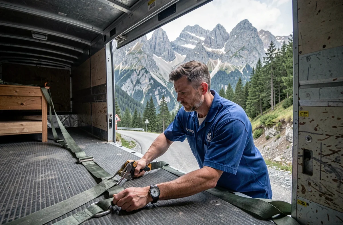 Déménageur de l'antenne Picard Briançon arrimant des meubles dans un camion sur une route de montagne alpine