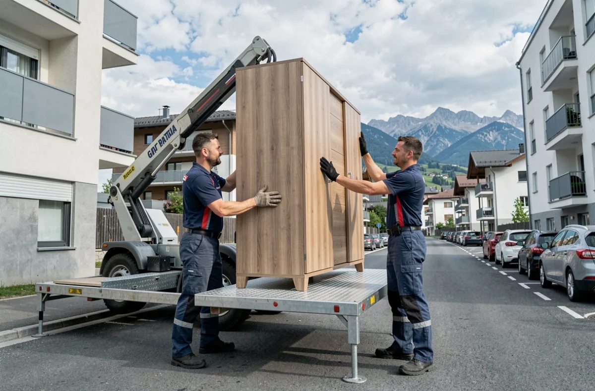 Deux déménageurs Picard manœuvrant une armoire sur un monte-charge devant un immeuble à Gap