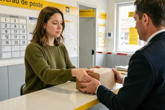 Femme déposant un colis Vinted au comptoir d'un bureau de poste en France
