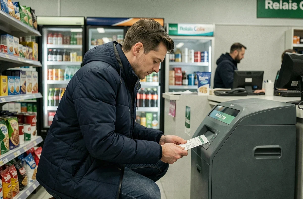 Homme déposant un colis dans un point relais avec terminal d'enregistrement automatique