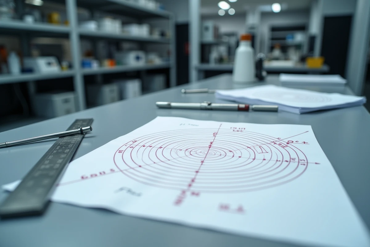 Diagramme annoté de surfaces gaussiennes et de lignes de champ électrique sur un plan de travail de laboratoire de physique