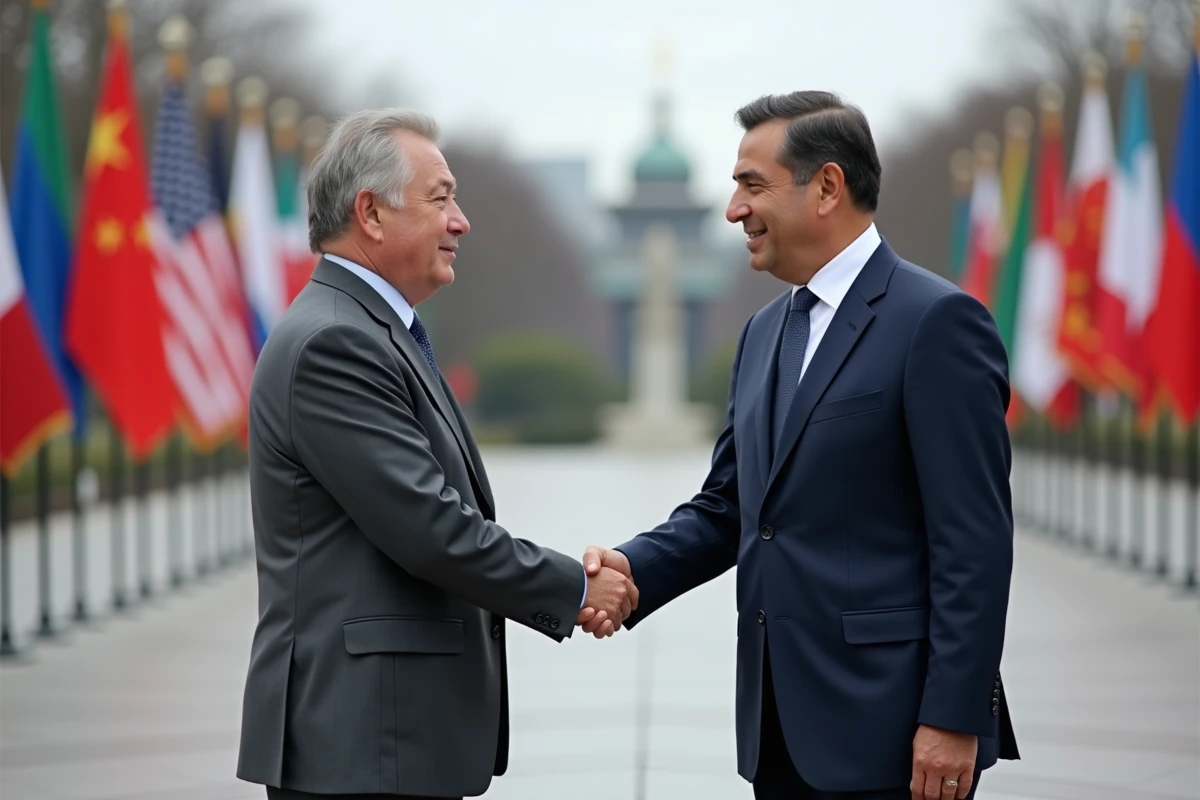 Deux hommes politiques se serrant la main lors d'une cérémonie diplomatique extérieure révélant une différence de taille visible