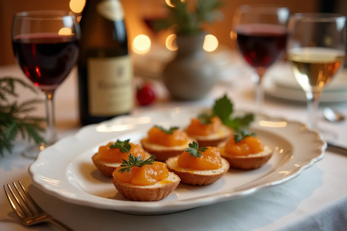 Diner festif avec canapes de foie gras et verres de vin
