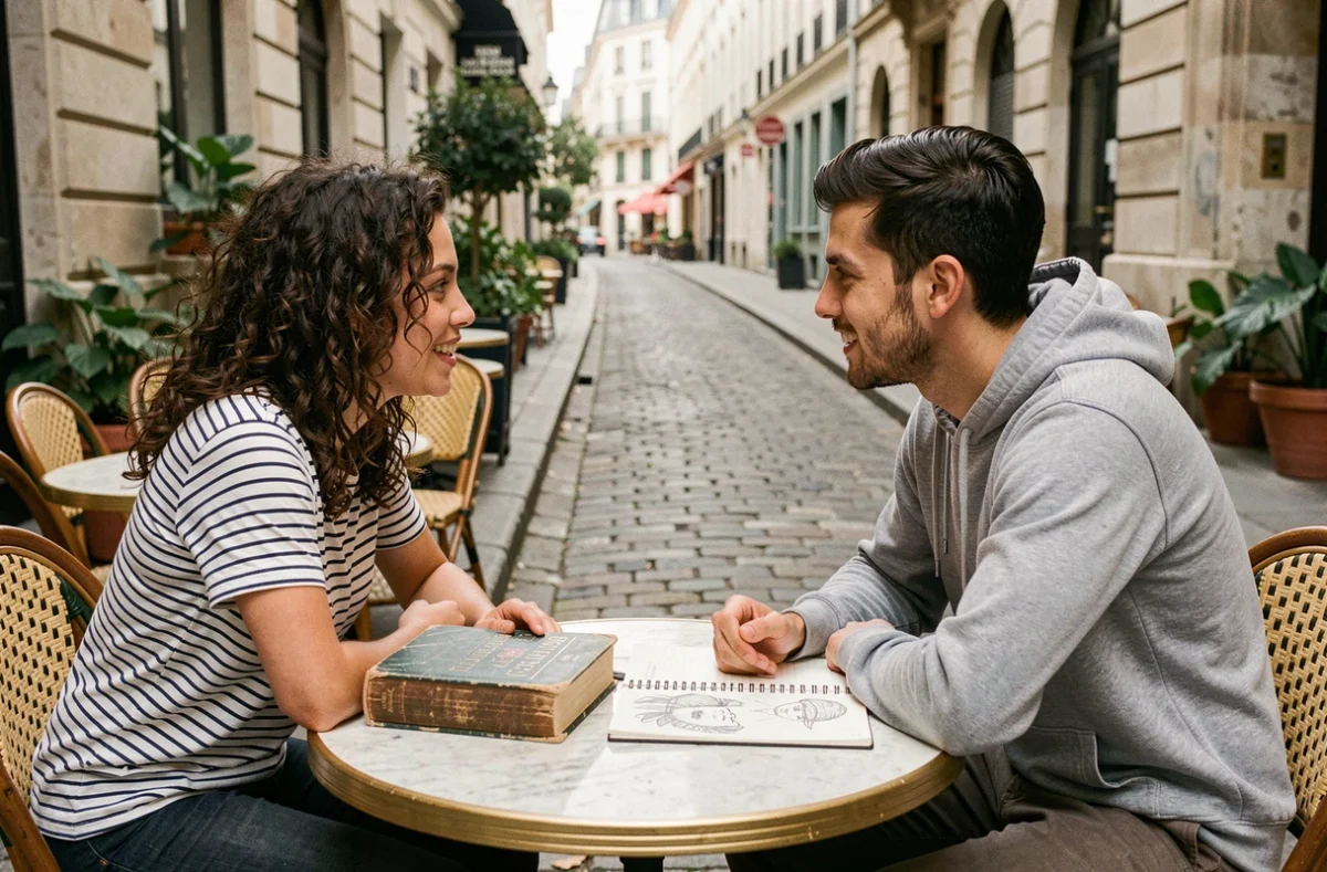 Deux jeunes adultes discutant de philosophie de l'art autour d'un livre dans un café parisien en terrasse