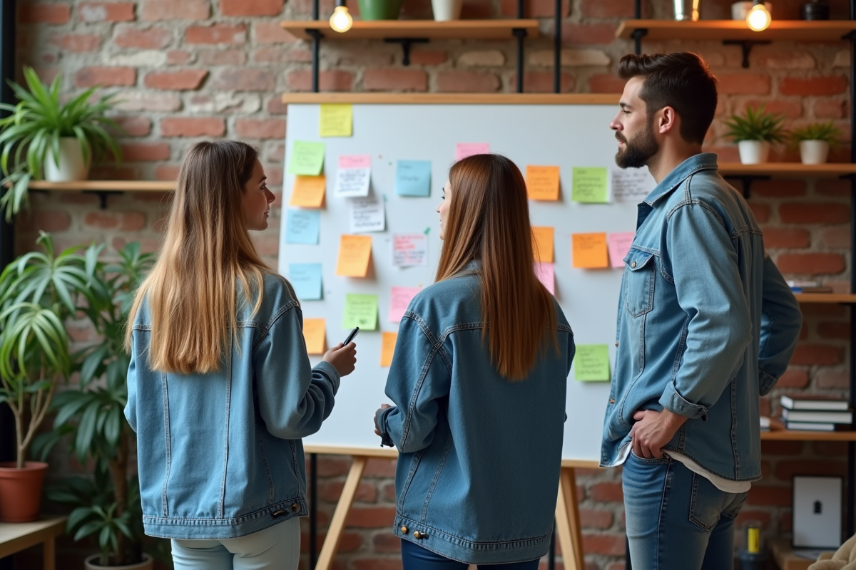 Trois personnes discutant devant un tableau blanc dans un espace de coworking