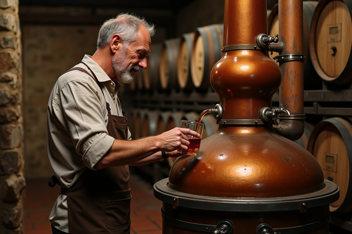 Artisan distillateur versant de l'armagnac dans une cave traditionnelle avec alambic en cuivre, Eauze, Gers