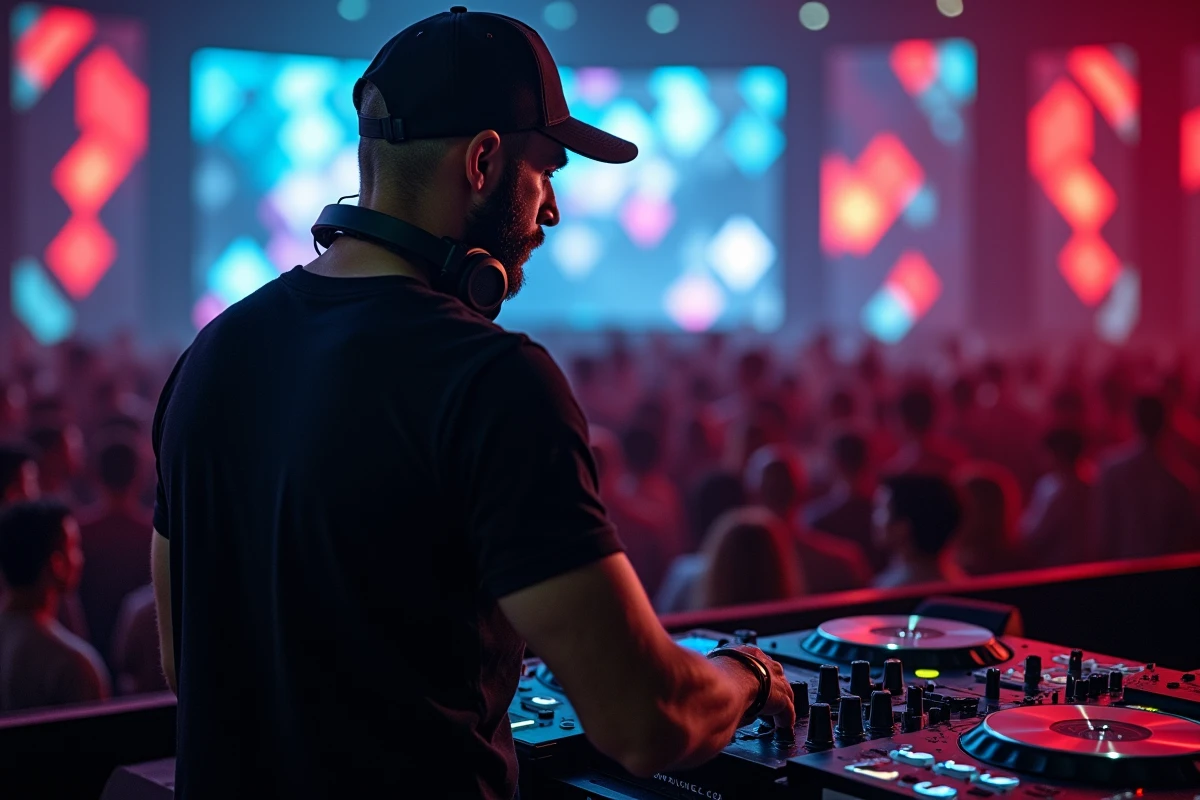 DJ professionnel en pleine performance dans une discothèque de Perpignan devant une foule en fête