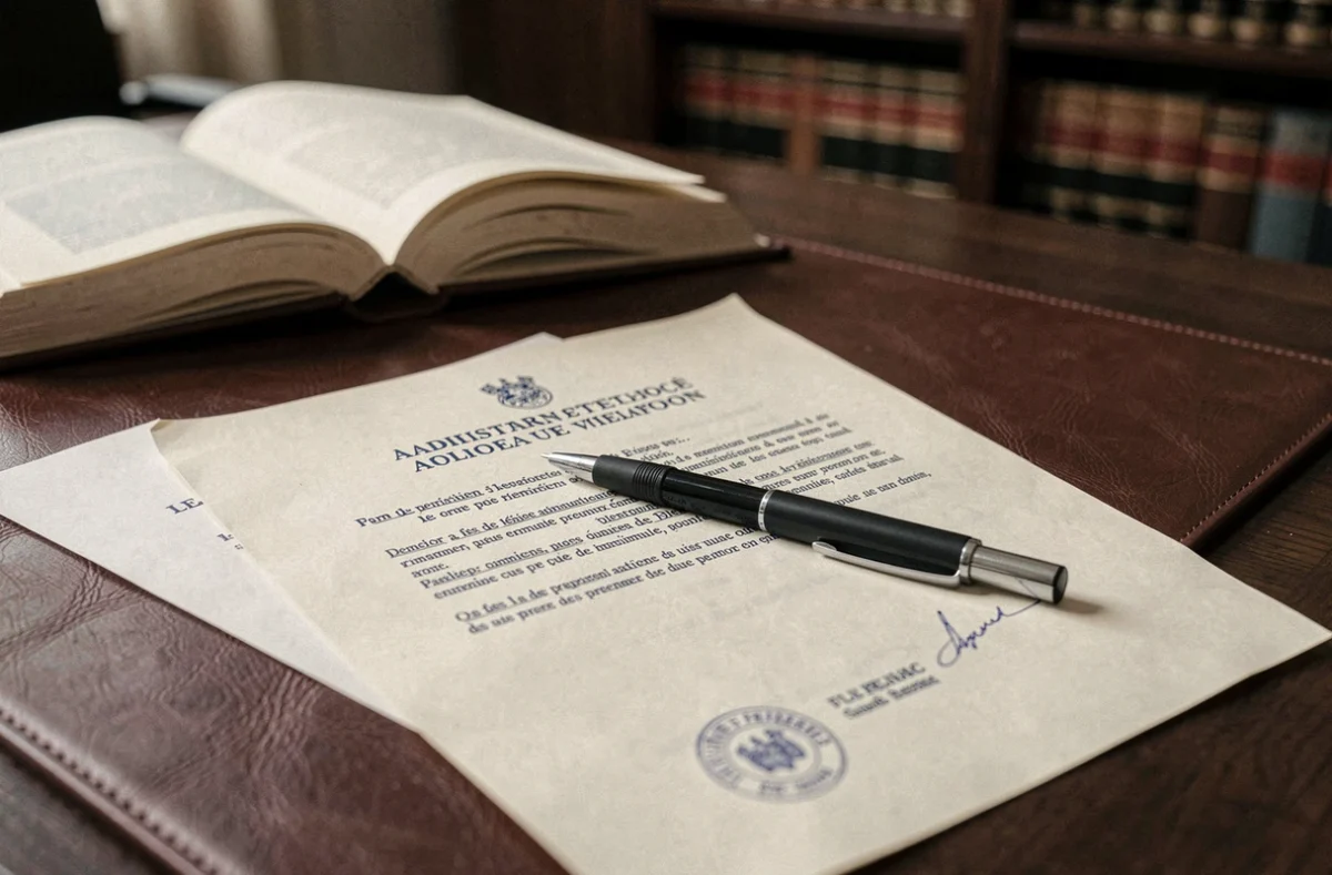 Gros plan sur un document officiel de contravention posé sur un bureau de juriste avec un tampon administratif français visible, illustrant les implications légales d'une infraction de 5e classe