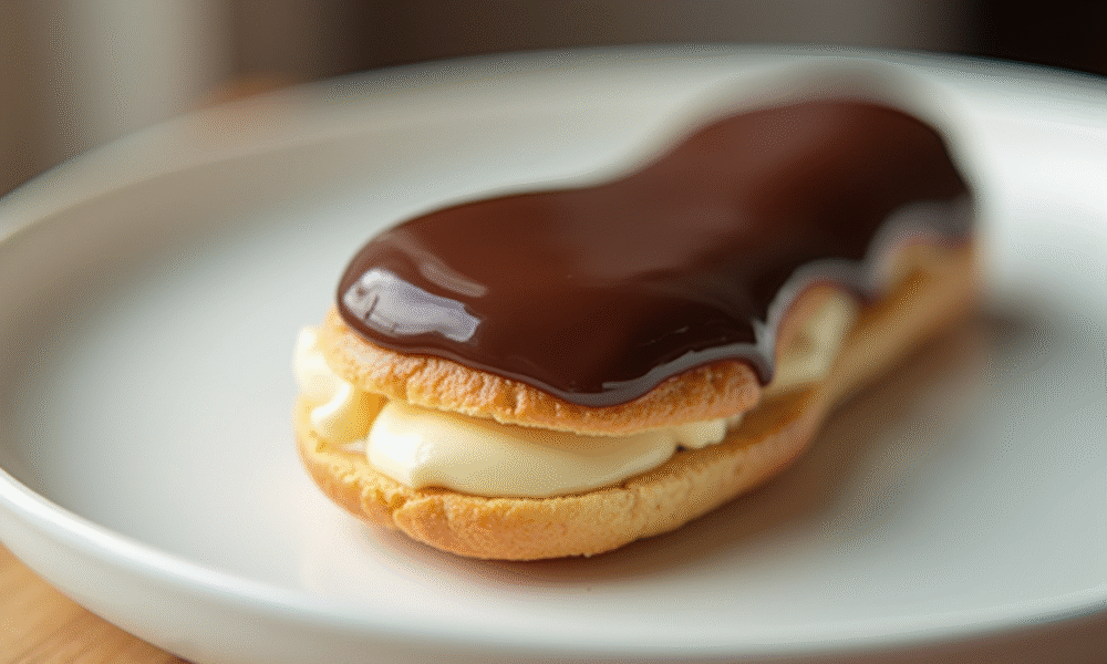 Éclair au chocolat frais sur assiette blanche
