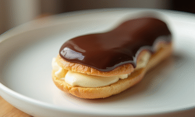Éclair au chocolat frais sur assiette blanche