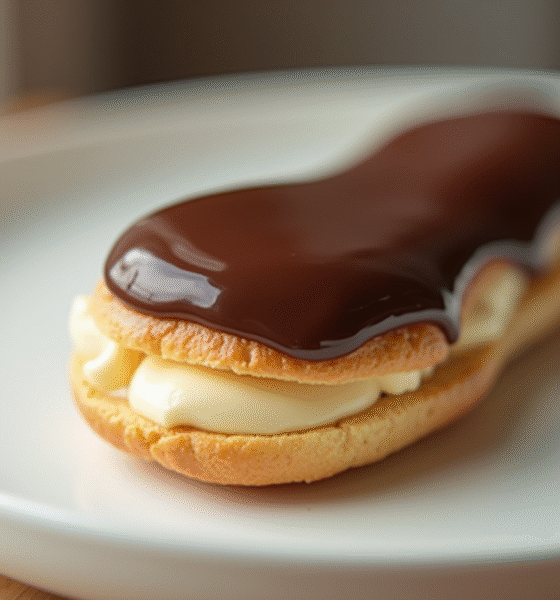 Éclair au chocolat frais sur assiette blanche