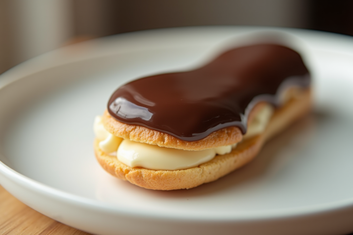 Éclair au chocolat frais sur assiette blanche