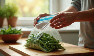 Main plaçant des haricots verts frais dans un sac de congélation