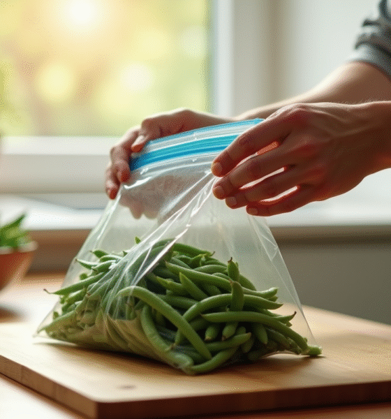 Main plaçant des haricots verts frais dans un sac de congélation