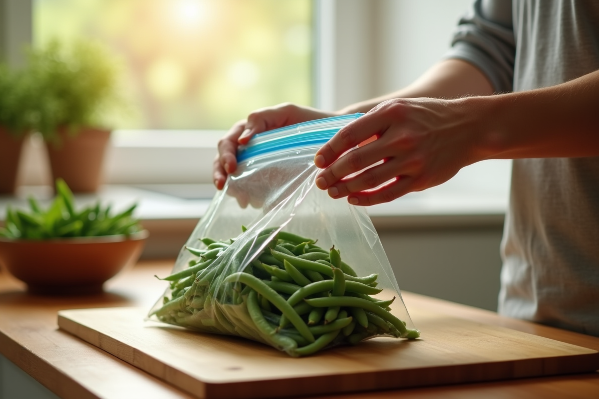 Main plaçant des haricots verts frais dans un sac de congélation