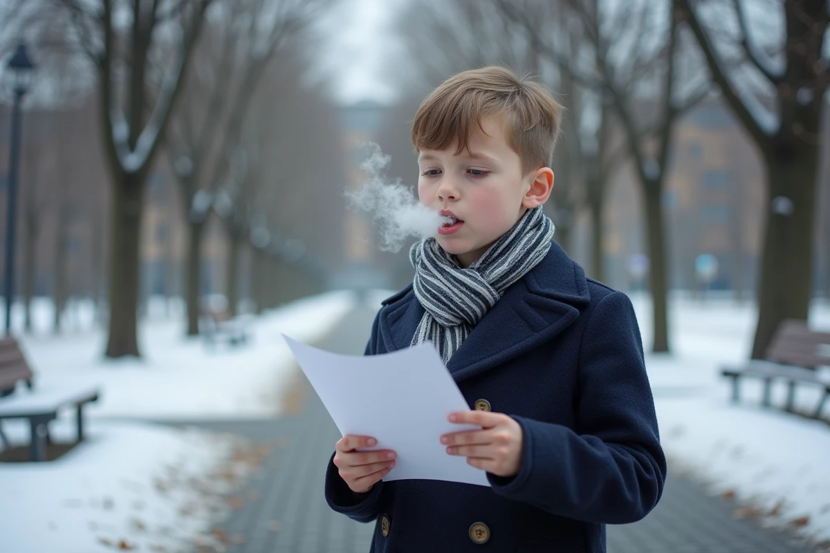 Jeune garçon récitant un poème sur l'hiver dans un parc enneigé en tenant une feuille imprimée