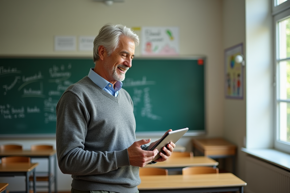 Enseignant avec une tablette dans une classe lumineuse