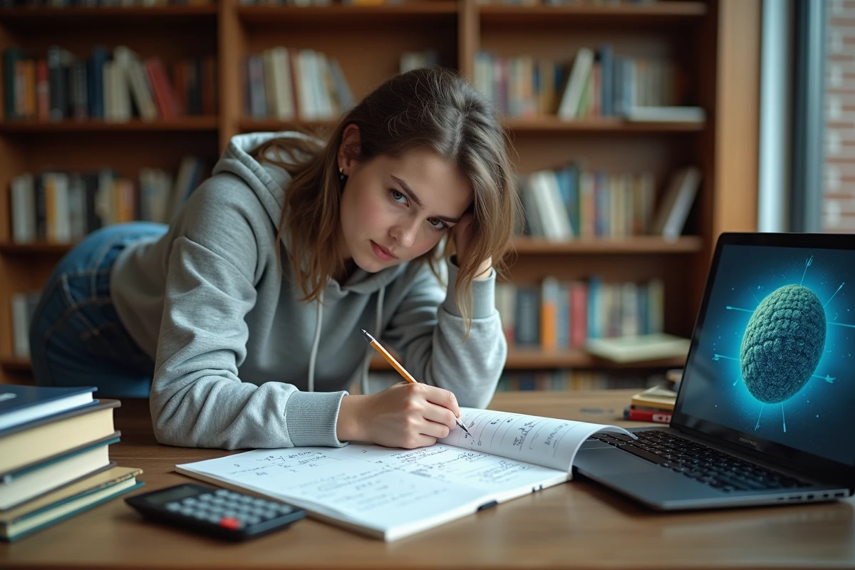 Étudiante en physique résolvant un calcul de champ électrique avec le théorème de Gauss dans une bibliothèque universitaire